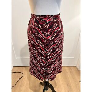 Women's Bespoke Abstract Wave Print Midi Skirt Side Zip Black Red White Size 4/6
